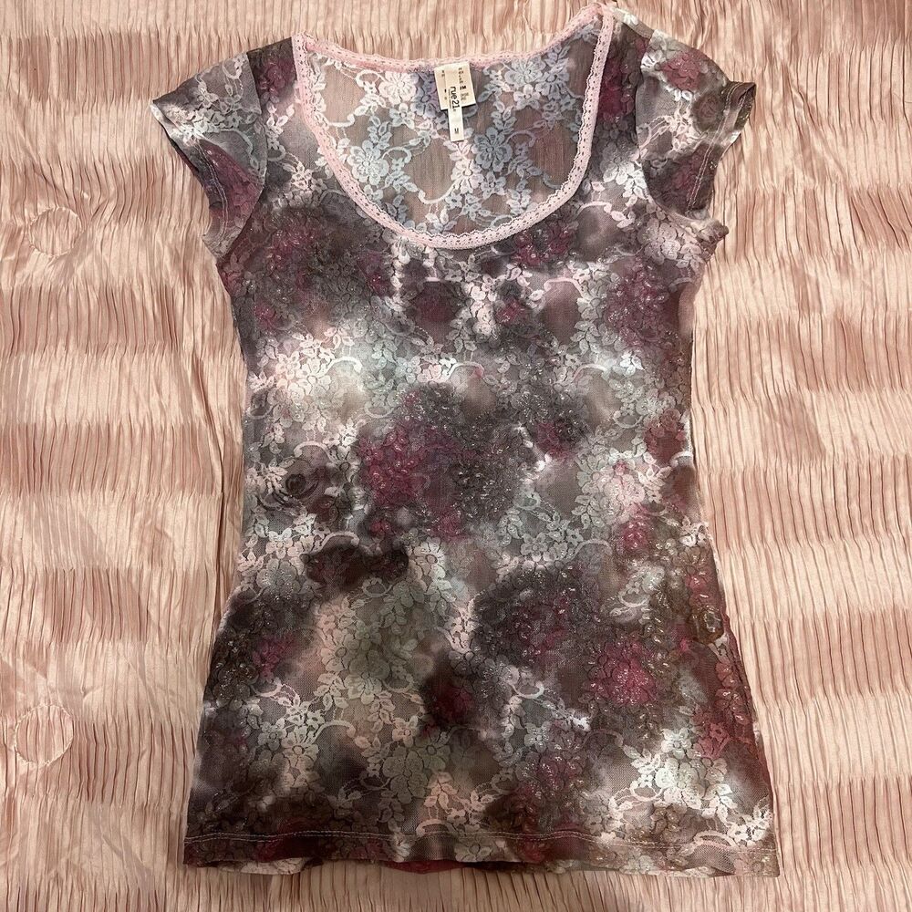 Rue 21 Purple And Pink Lace Top Short Sleeve Size M Fairy Whimsigoth